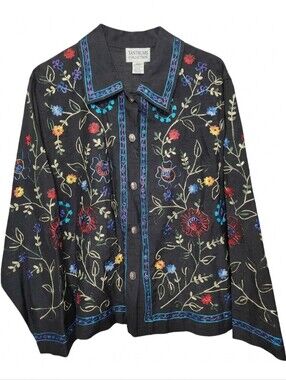 Vintage Silk Blend Embroidered Jacket Black Floral Sz PL Tantrums Collection